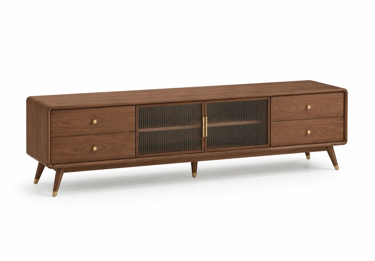 Meuble TV en bois noyer avec portes en verre cannelé, brun, 180 cm