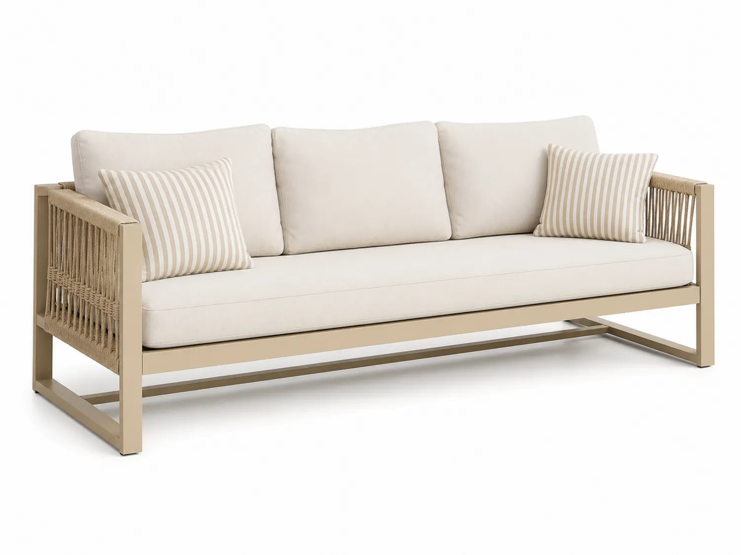 Canapé d'extérieur en aluminium et corde beige 3 places avec coussins écrus