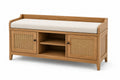 Banc en bois avec coussin en tissu beige et portes en rotin