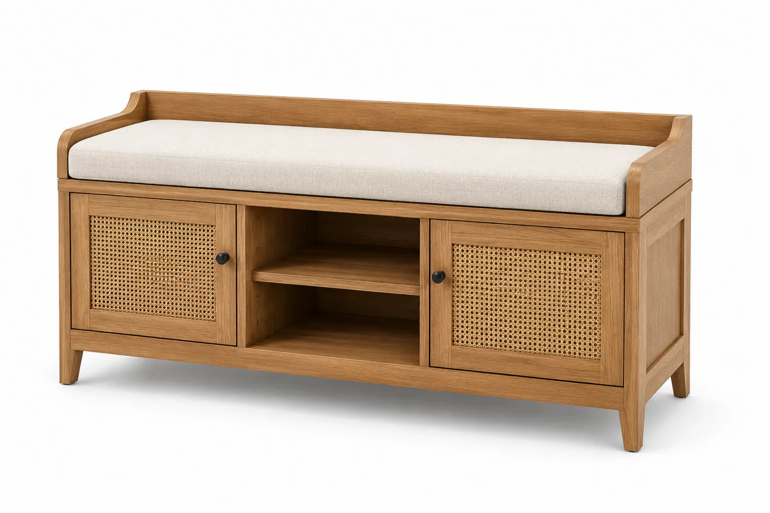 Banc en bois avec coussin en tissu beige et portes en rotin