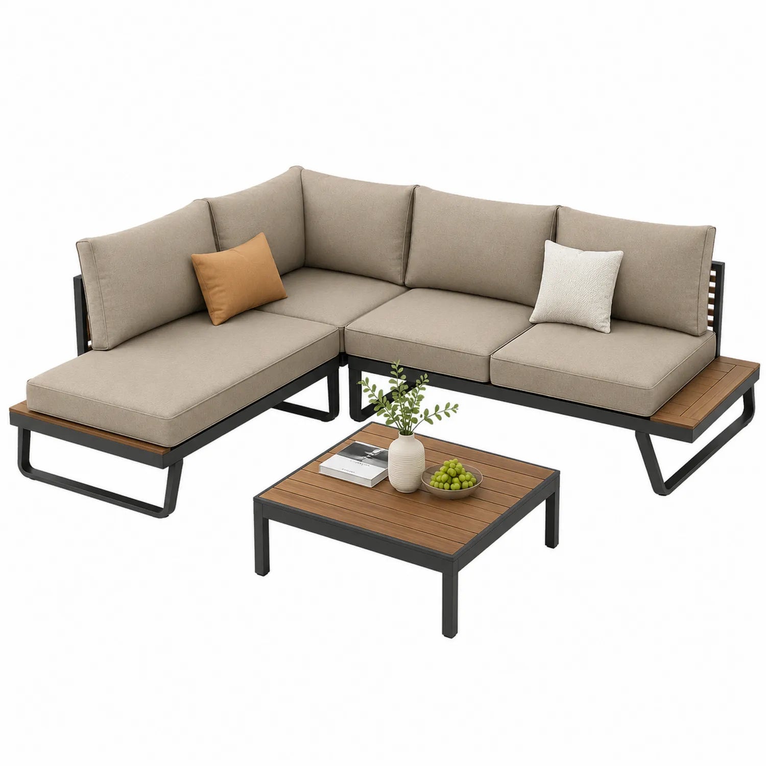 Canapé d'angle d'extérieur en aluminium et bois beige