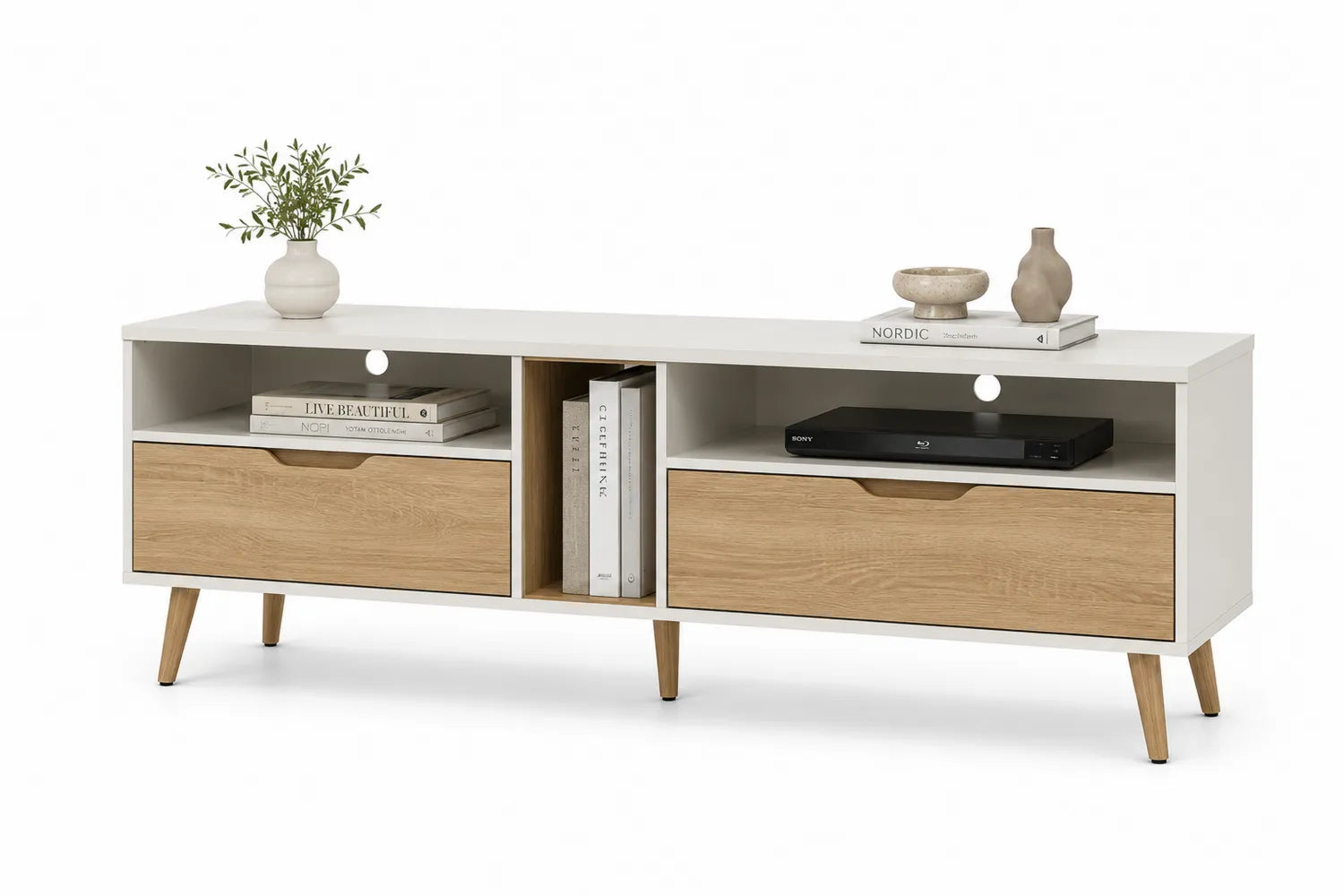 Meuble TV en bois MDF avec tiroirs et placage chêne