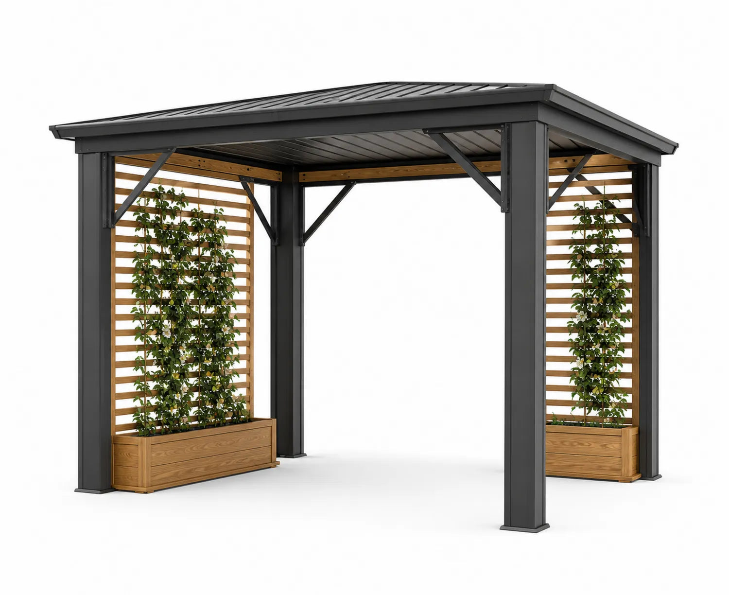 Pergola en aluminium avec panneaux en bois et toit en acier