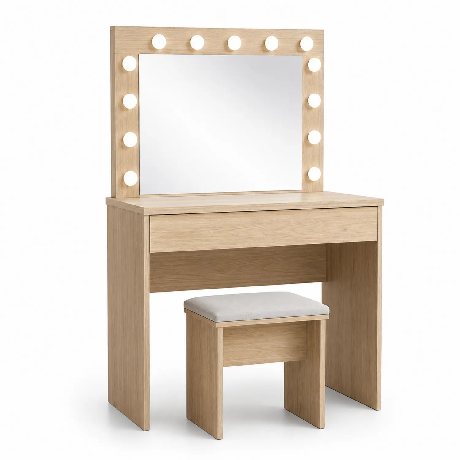 Coiffeuse en Bois Clair avec Miroir Éclairé et Tabouret