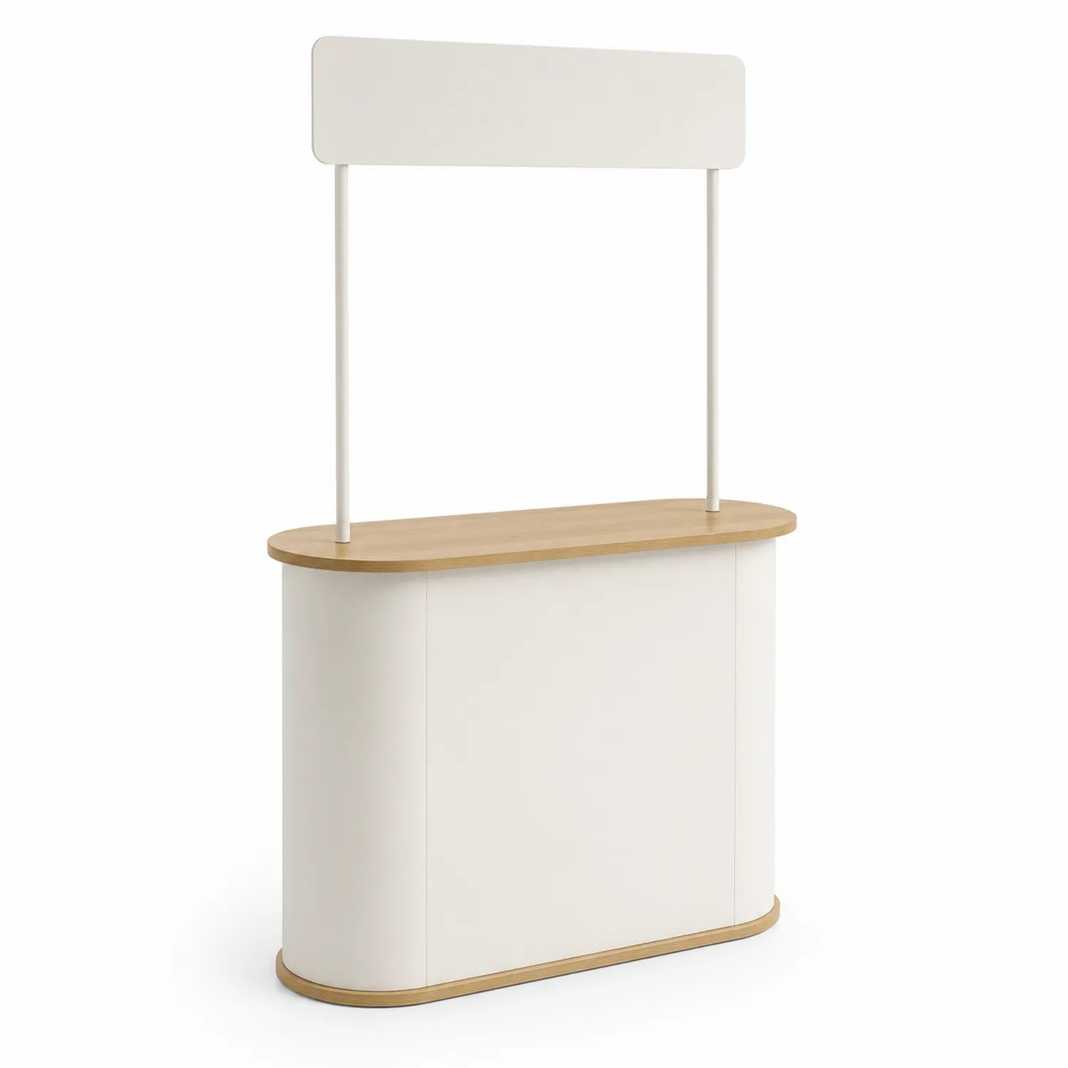 Comptoir d'exposition portable en MDF et métal Blanc et Bois clair 120x45x100 cm