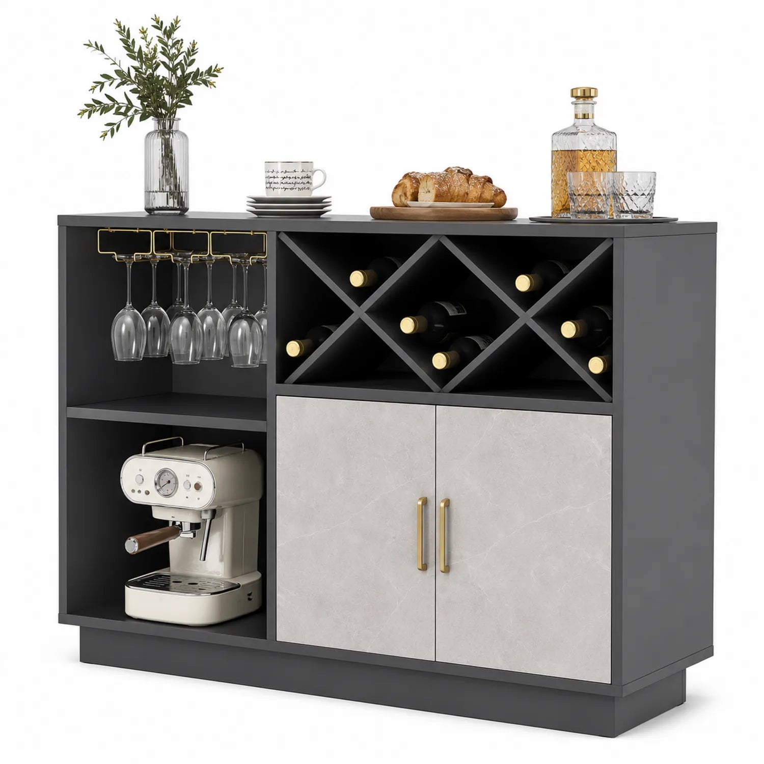 Buffet de cuisine en bois MDF avec espace pour bouteilles et verres, gris et blanc