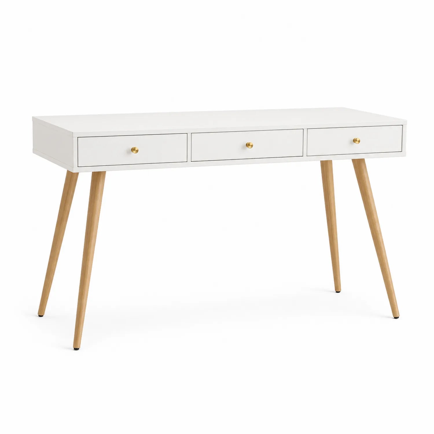 Bureau en Bois Blanc avec Pieds en Chêne et Trois Tiroirs