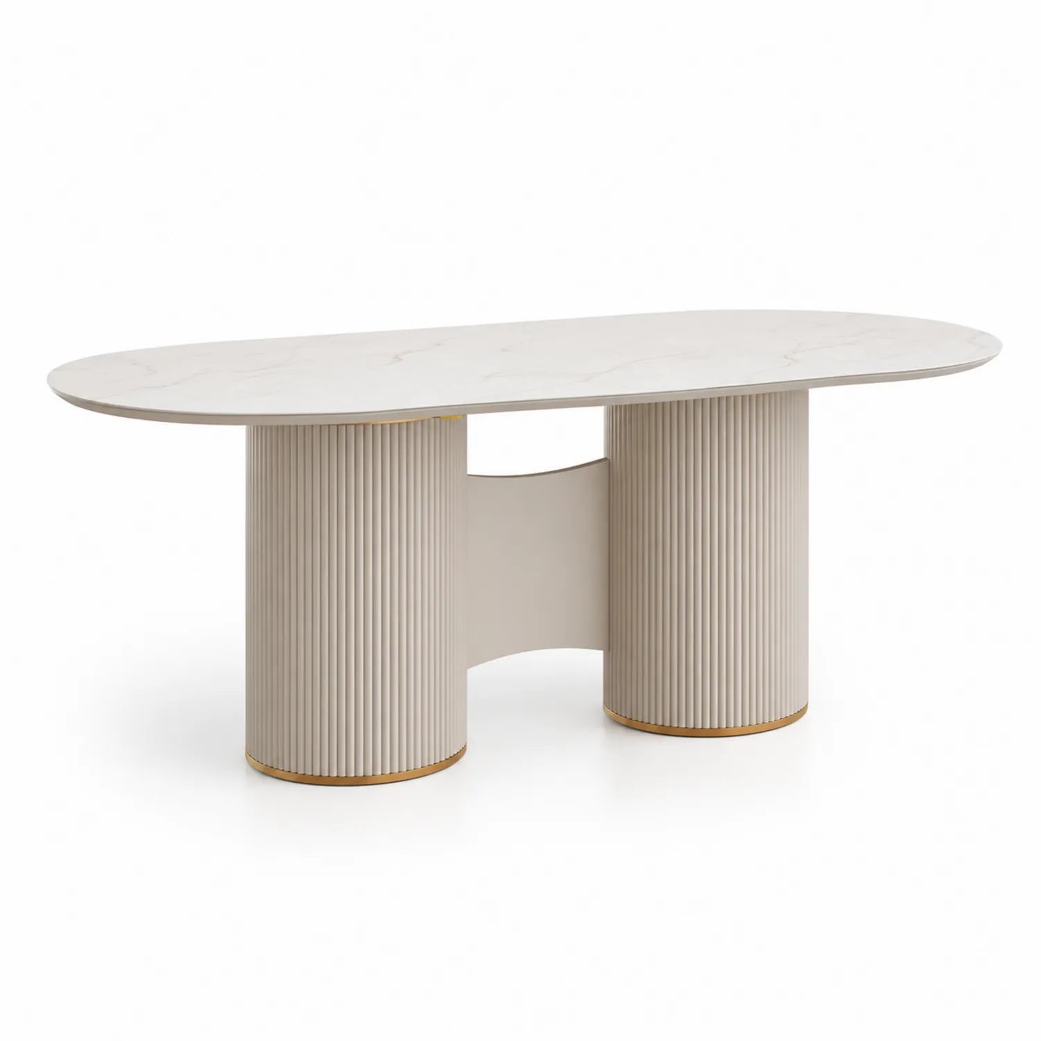 Table à manger ovale en marbre composite blanc et beige avec pieds en bois