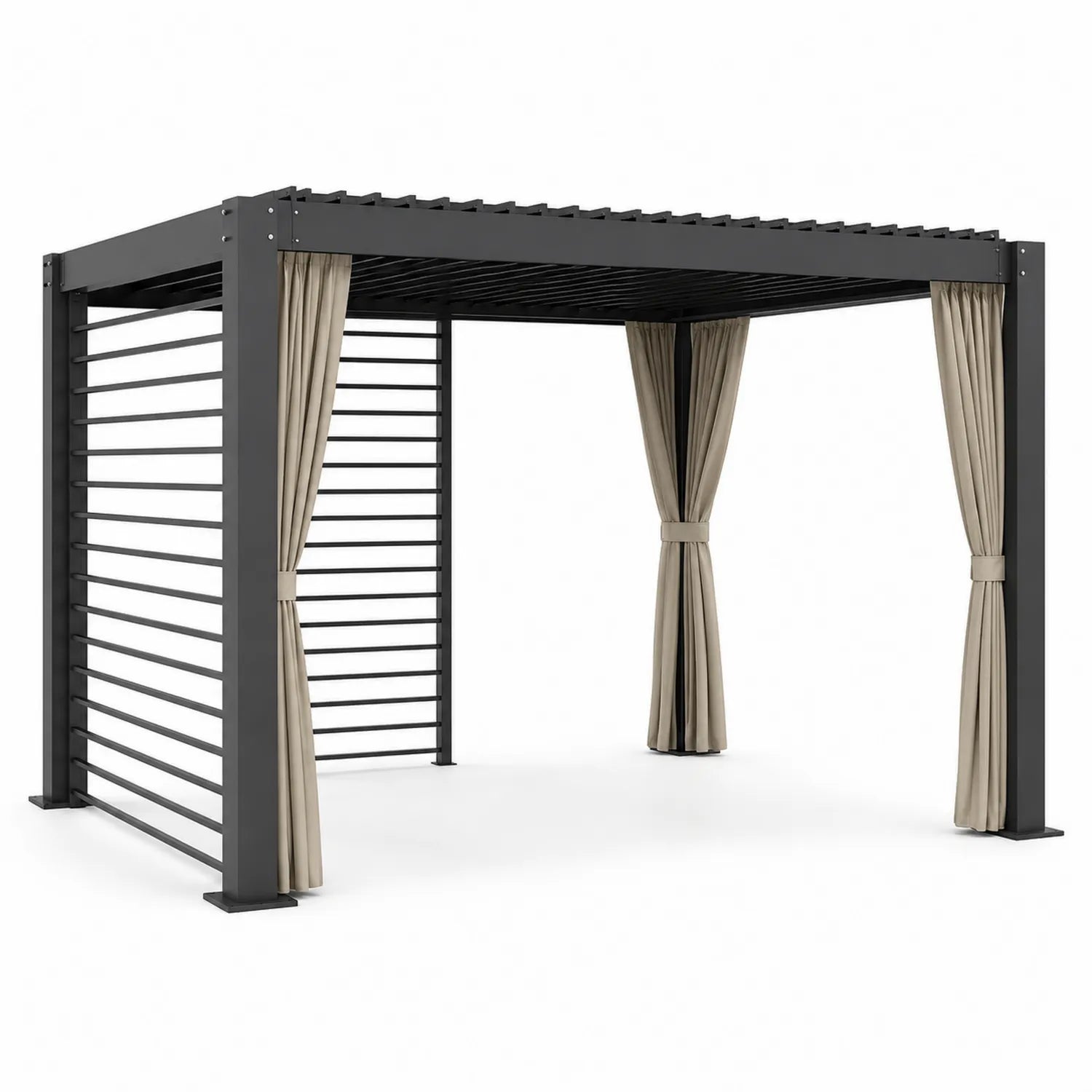 Pergola en aluminium lames orientables 3x3 m avec rideaux beige