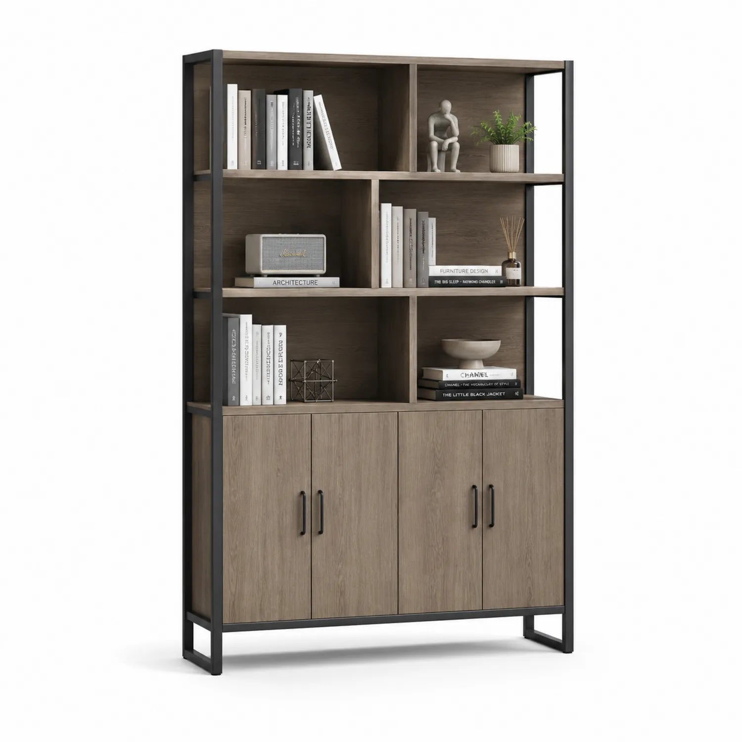 Bibliothèque en MDF et métal noir 4 portes 80x30x180 cm