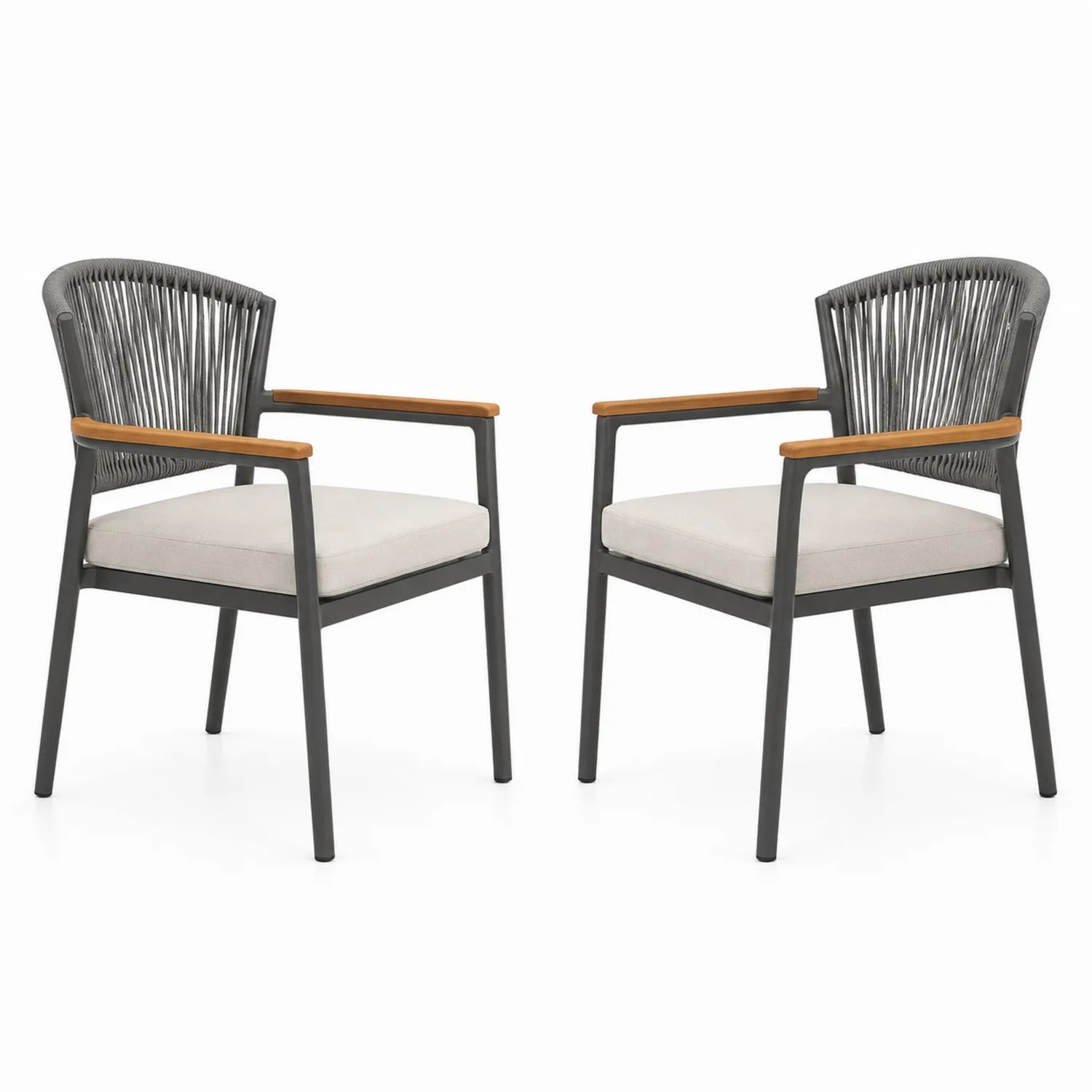 Lot de 2 chaises d'extérieur en aluminium avec accoudoirs en bois et siège beige