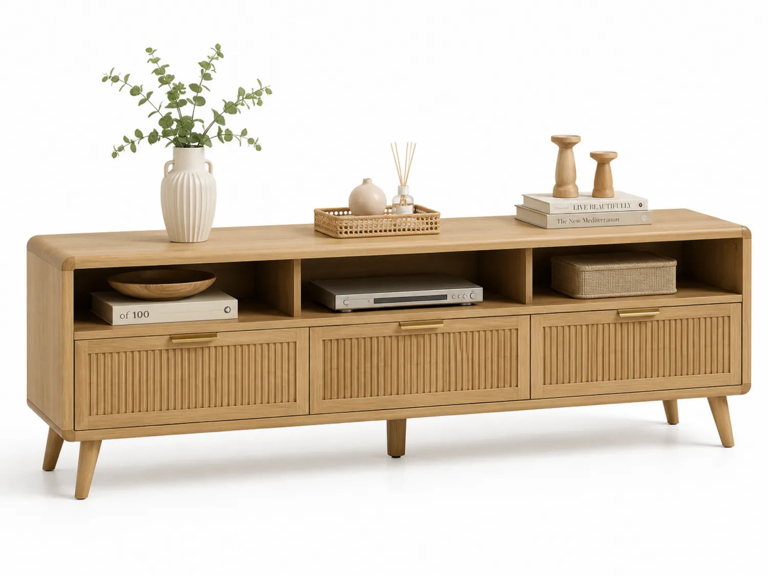 Meuble TV en Bois Chêne avec 3 Tiroirs 180x40x50 cm