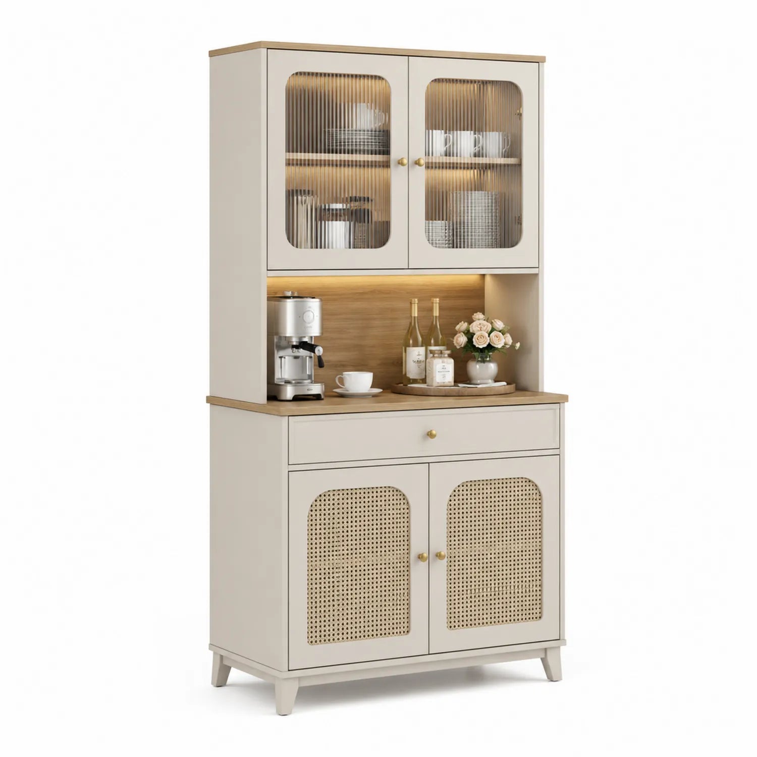 Buffet de cuisine en bois avec portes en verre ondulé