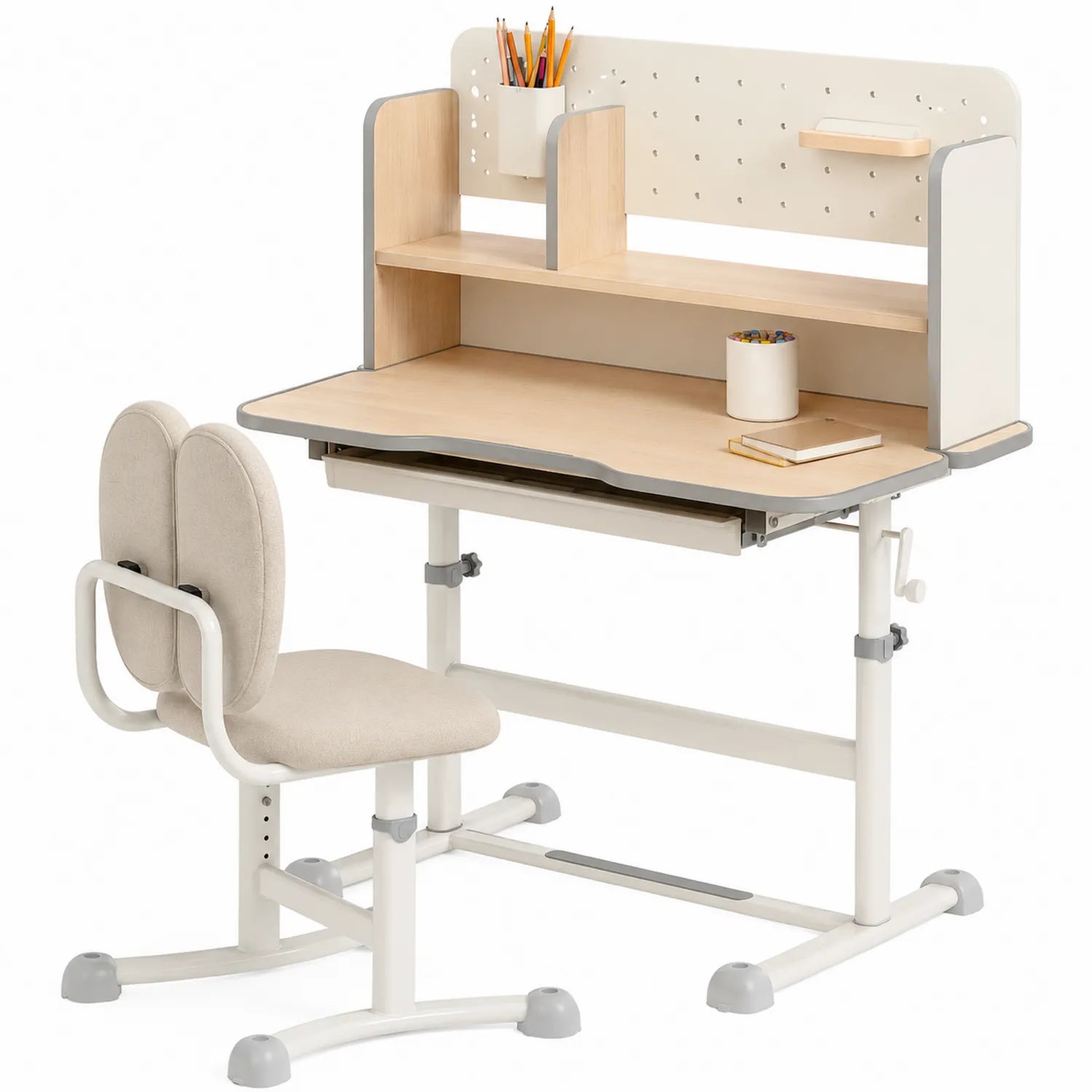 Bureau et Chaise pour Enfant Ajustables en Bois Stratifié et Métal Beige