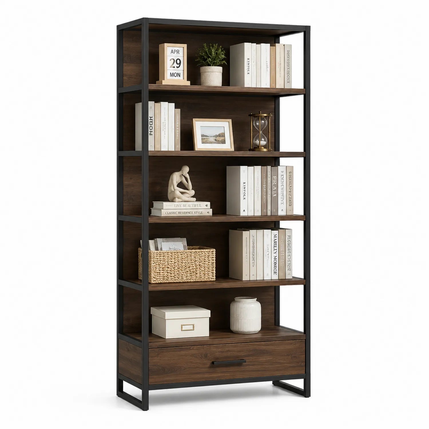 Bibliothèque en bois et métal marron/noir avec étagères et tiroir