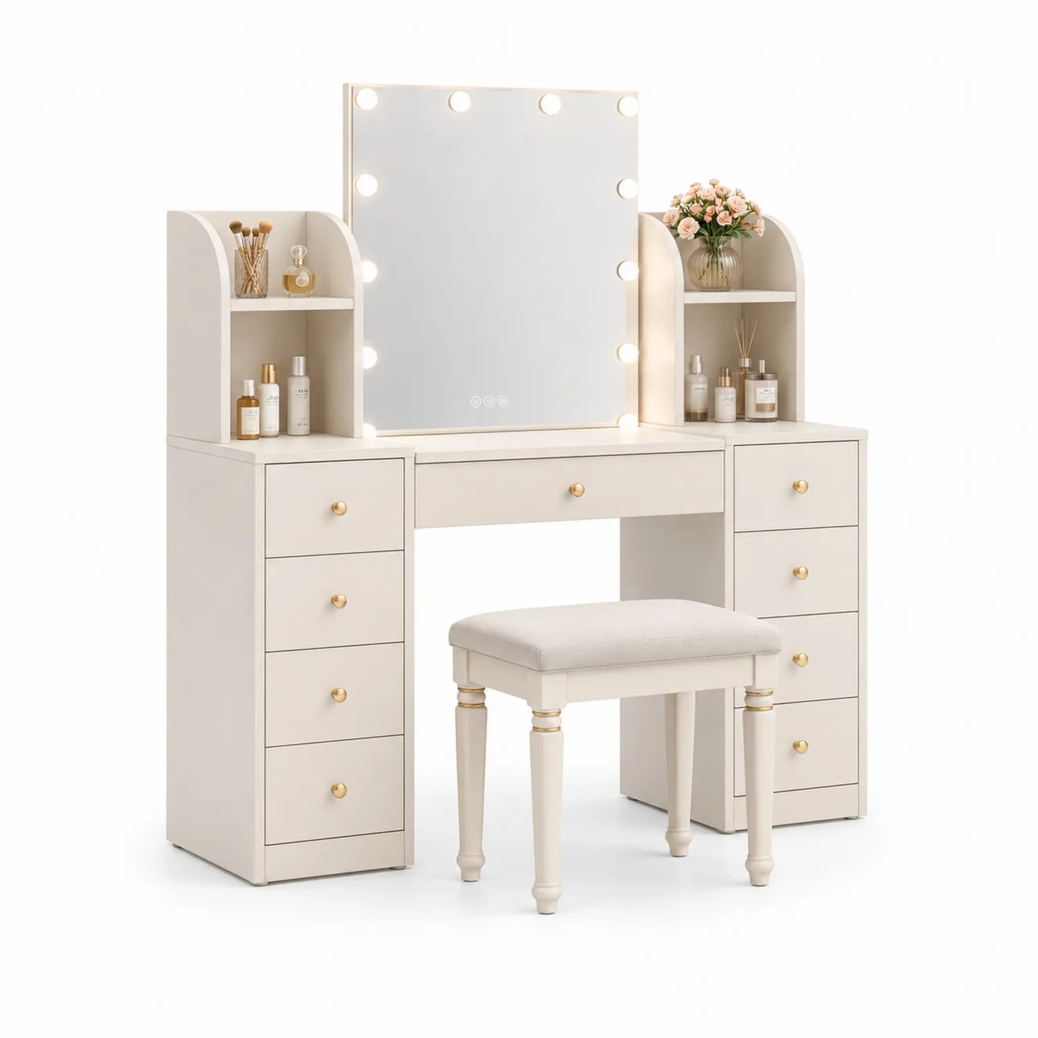 Coiffeuse avec Miroir LED et Tabouret - Bois MDF - Blanc