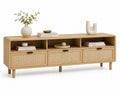 Meuble TV en bois avec tiroirs en rotin et étagères 150 cm