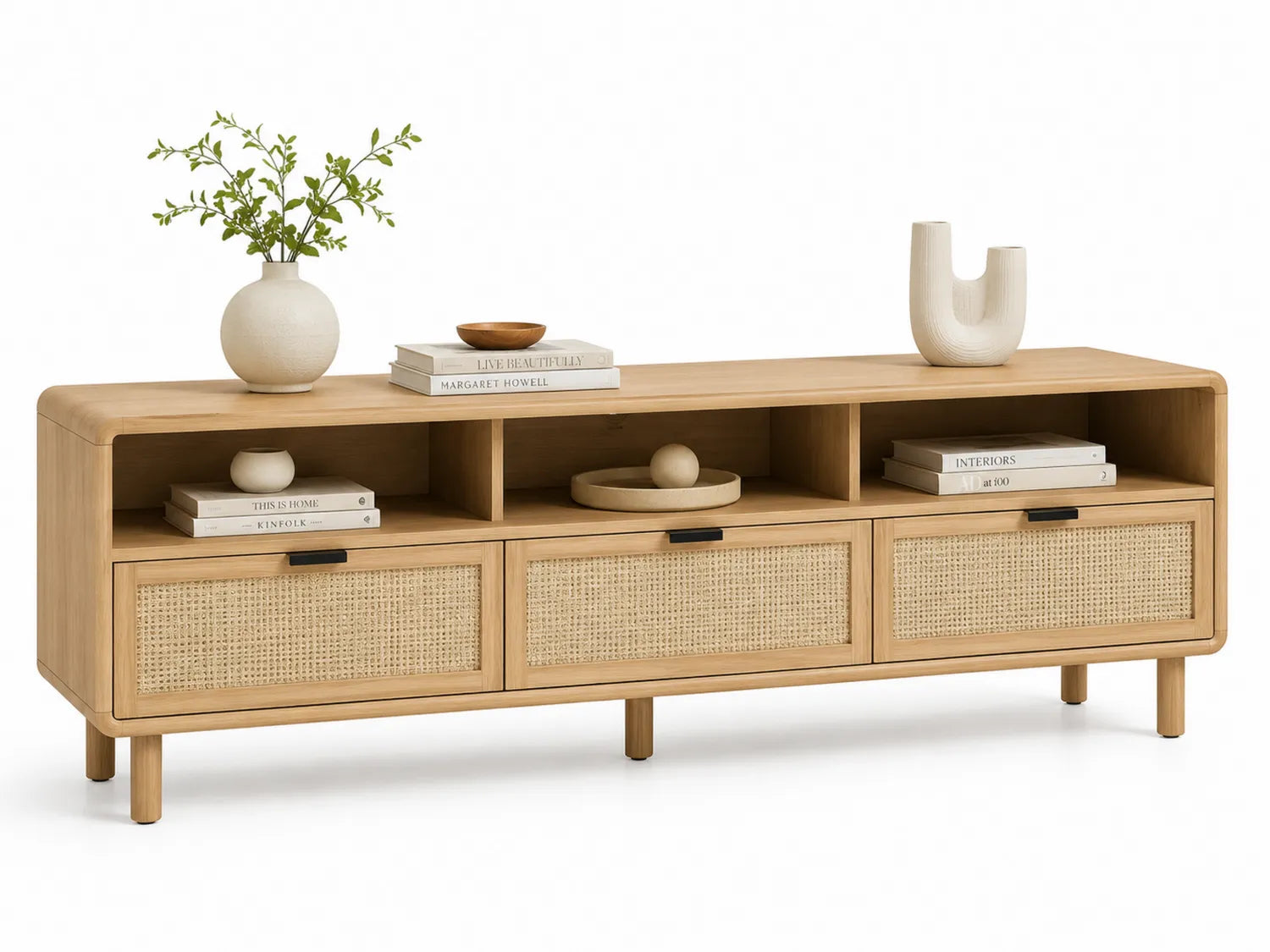 Meuble TV en bois avec tiroirs en rotin et étagères 150 cm