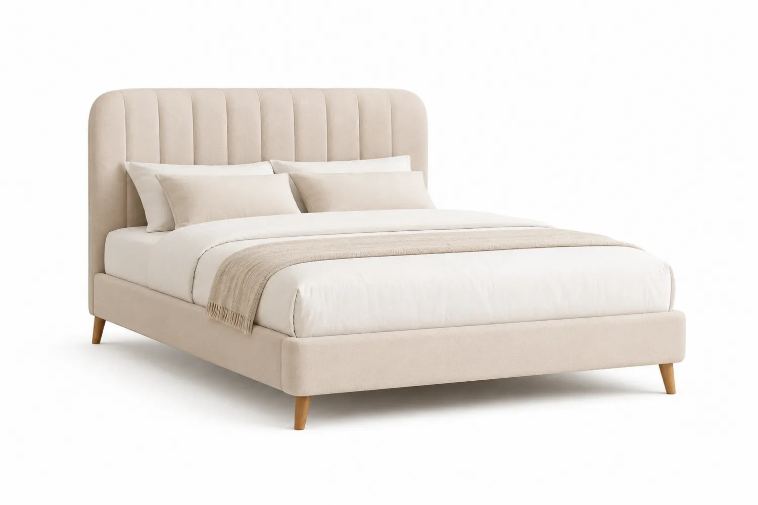 Lit double en tissu beige avec tête de lit capitonnée