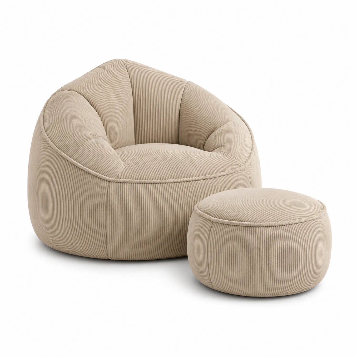 Fauteuil rond avec repose-pieds en velours côtelé beige