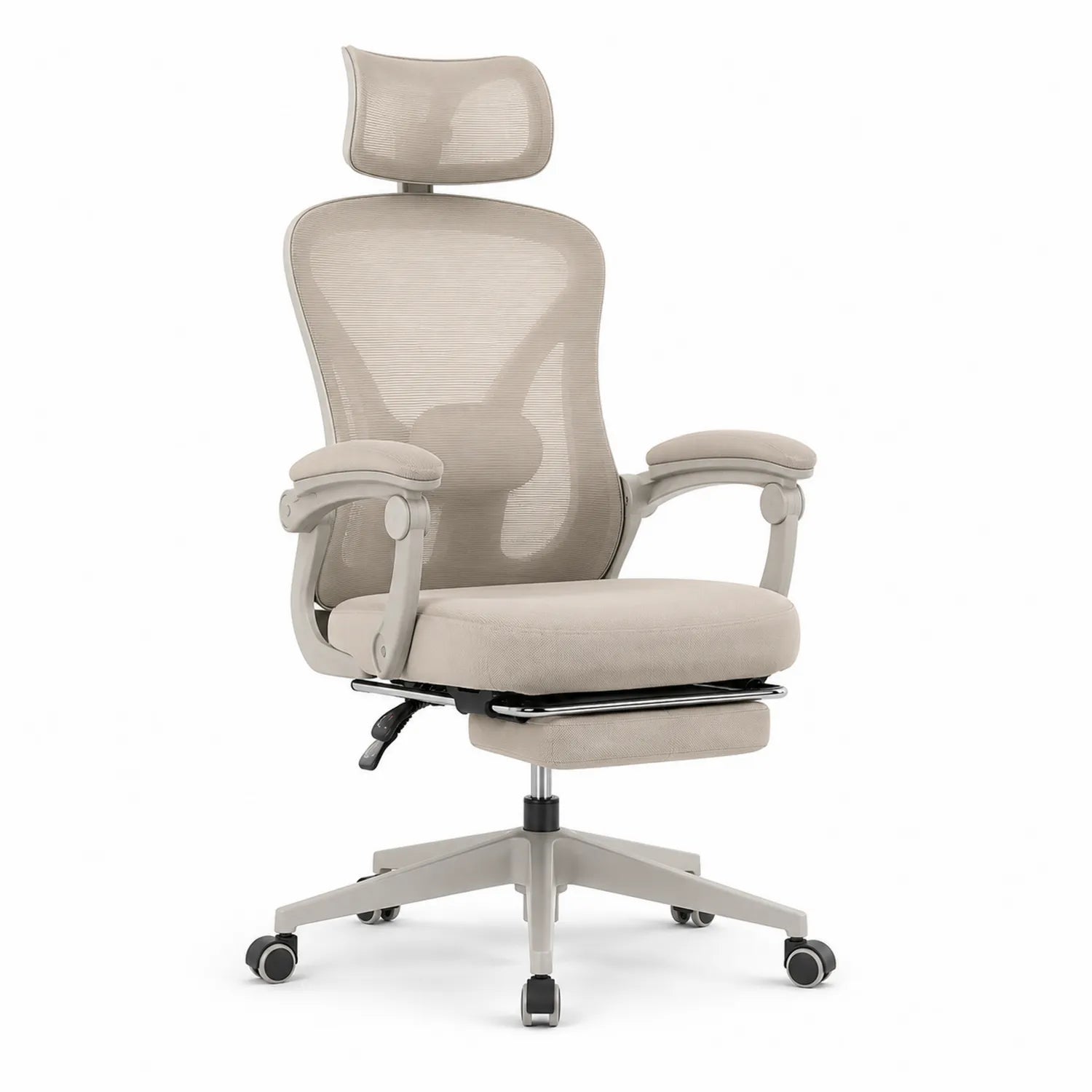 Chaise de bureau en maille beige avec repose-pieds et accoudoirs réglables