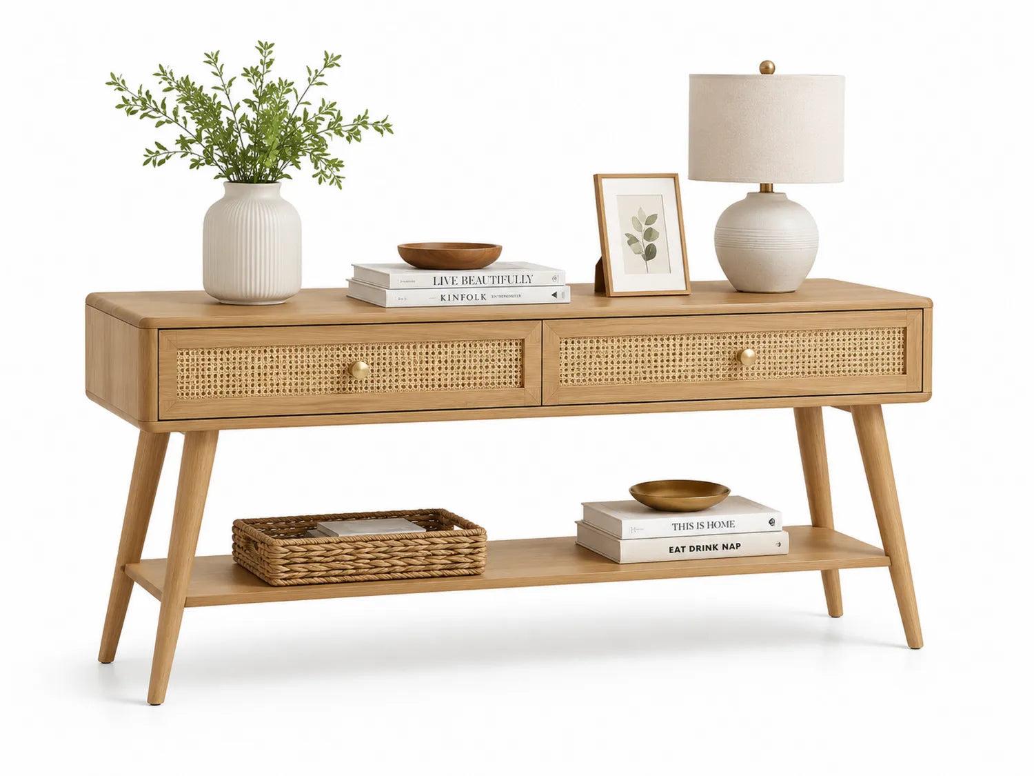 Console en bois avec tiroirs en rotin