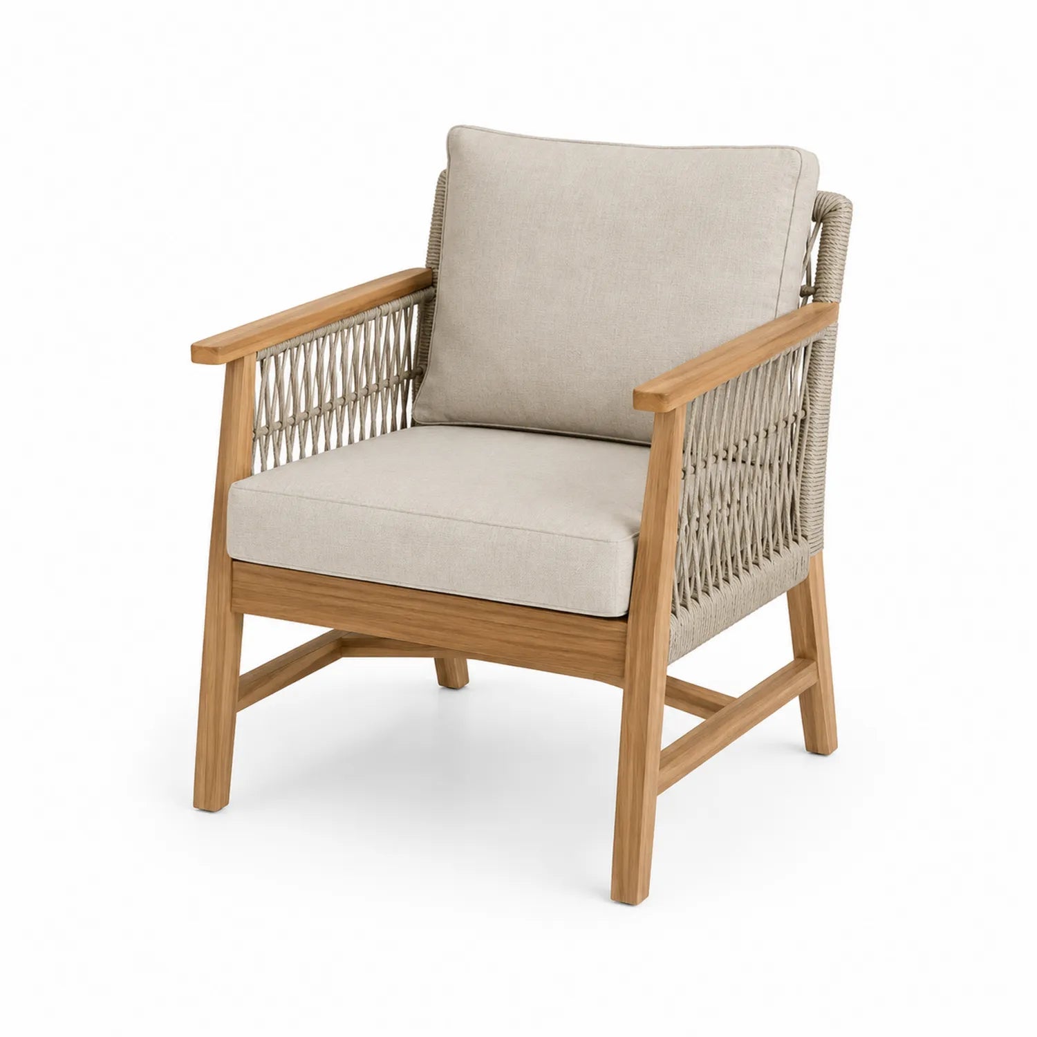 Chaise en bois de teck avec corde tressée et coussins beige