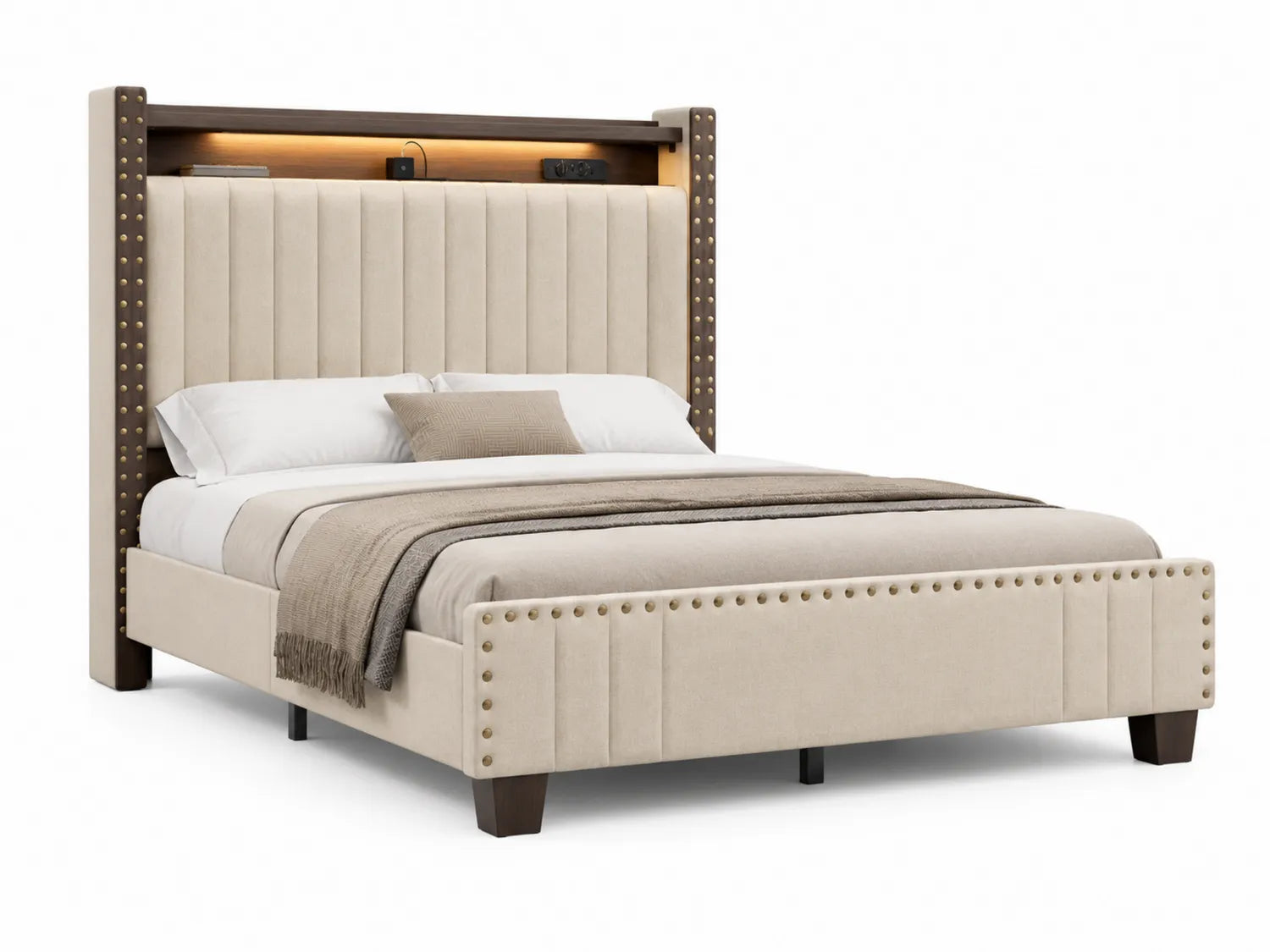 Lit double en bois avec tête de lit en tissu beige